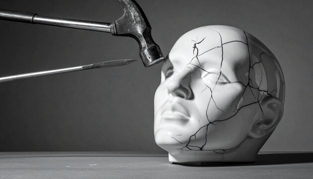 Ceramic head sculpture with cracks beneath striking hammer
