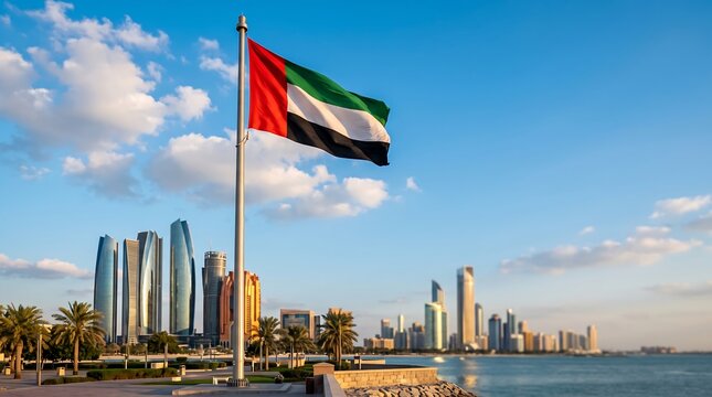 United Arab Emirates flag waving on flagpole with Abu Dhabi city skyline and blue sky