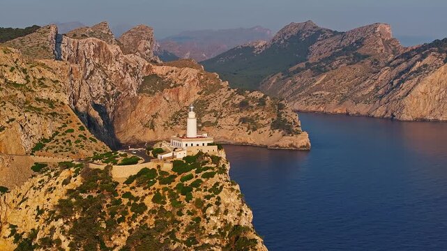 Mallorca, Spain - 4K Flying towards the Lighthouse at Cap de Formentor at sunrise with amazing golden coloured cliffs and colorful clouds at background
