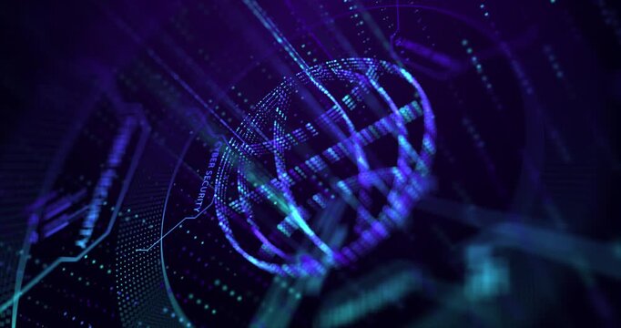 Abstract animation of a glowing digital wireframe globe made of data dots on a dark purple cyber security background.