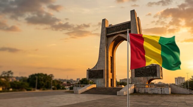 Waving Guinea national flag before Monument du 22 Novembre 1970 in Conakry under golden sunset sky