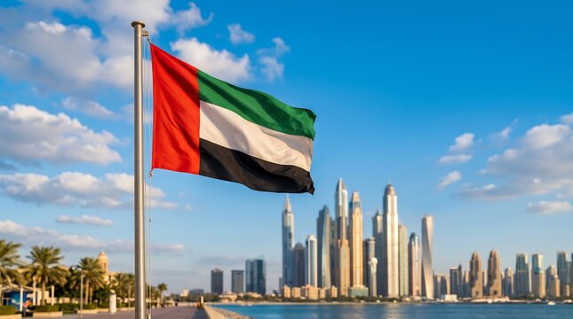 Waving United Arab Emirates flag against Dubai Marina skyline under sunny blue sky with white clouds