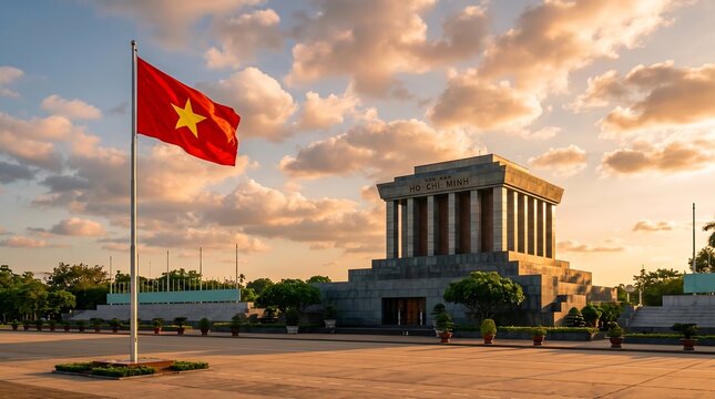 Wide angle landscape of Ho Chi Minh Mausoleum and Vietnamese flag during sunset golden hour