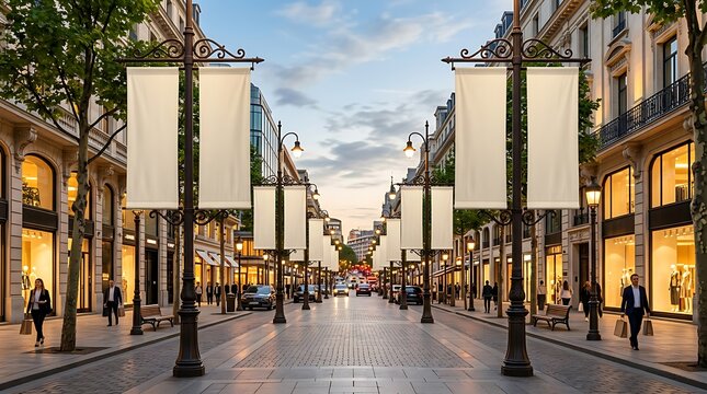 Empty white banners hanging on street lamps along a luxury shopping avenue in Paris.