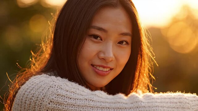 Beautiful young Asian woman smiling in warm golden hour light outdoors.