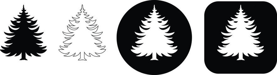 Four variations of a coniferous tree including solid black, thin outline, and white shapes on dark circular backgrounds © SilhouetteStore
