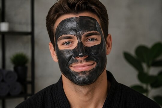 Man wearing black charcoal face mask for skin treatment. Portrait of young man with clay mask on face. Beauty routine, skincare concept, grooming Spa wellness procedure at home.