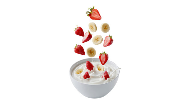 Fresh strawberries and banana slices falling into a white bowl of creamy milk on transparent background