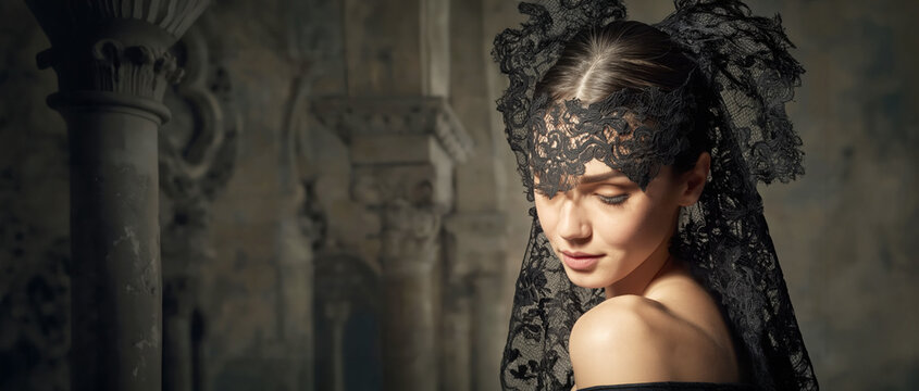 Elegant Woman in Traditional Black Mantilla Portrait. AI generative.