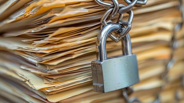 Padlock and chain secure stacked document file, symbolizing data protection, safety, access control, and confidential information storage.