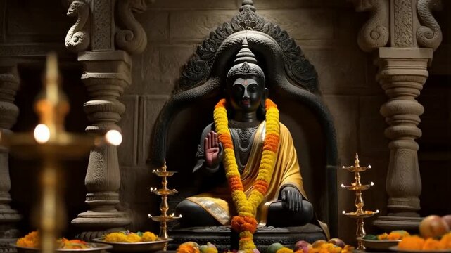 Detailed Stone-Carved Lord Vishnu Statue Adorned with Vibrant Yellow Marigold Garlands and Silk Pitambara Cloth for Kamika Ekadashi Celebration