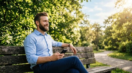 Fototapeta premium Bearded man with smartphone sitting on a wooden park bench, enjoying a sunny day outdoors among green trees.