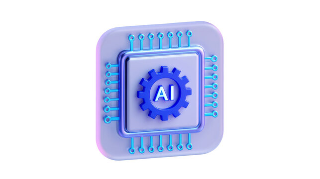 Artificial intelligence chip icon with blue gear symbol rendered in 3D style on transparent background