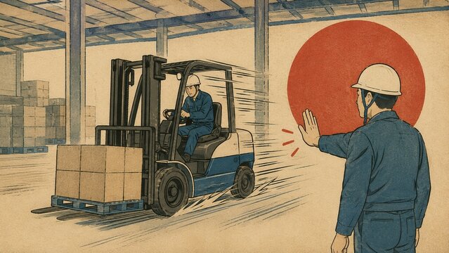倉庫内で高速走行するフォークリフトを別の作業員が制止する安全喚起イラスト