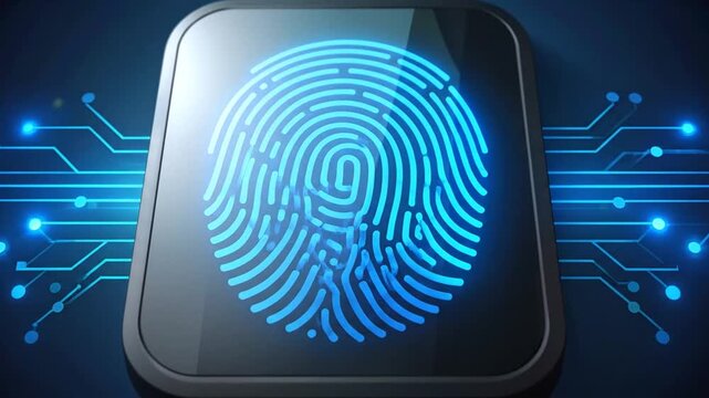 Digital fingerprint on mobile app icon, smartphone security and biometric authentication, abstract circuit board background.