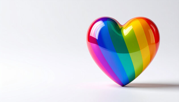 Glossy rainbow heart shape isolated on white background, Valentine Day, love and romantic concept, minimal composition. Close-up.