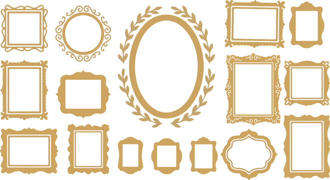  golden picture frames vector illustration set featuring ornate borders oval laurel wreath square and rectangle design elements for gallery display