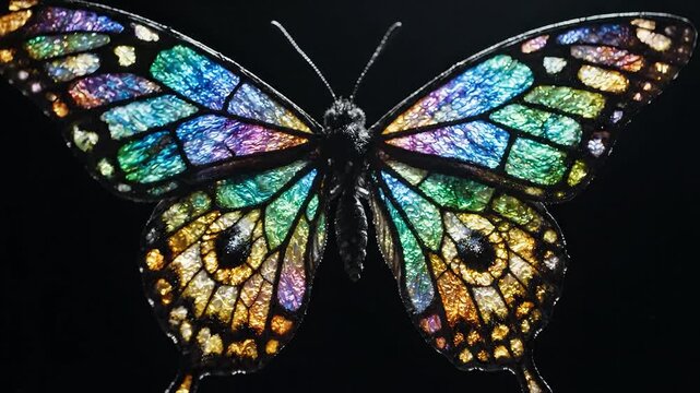 Vibrant, colorful butterfly with intricate, iridescent wings resembling stained glass.