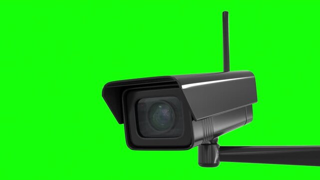 Static outdoor CCTV security camera with a blinking red LED indicator on a green screen background.