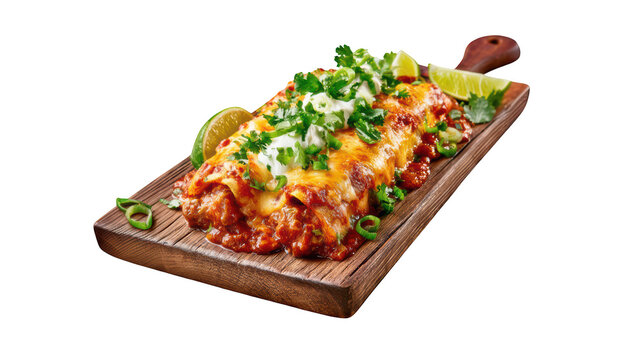 Beef enchiladas topped with melted cheese and fresh cilantro served on wooden board on transparent background
