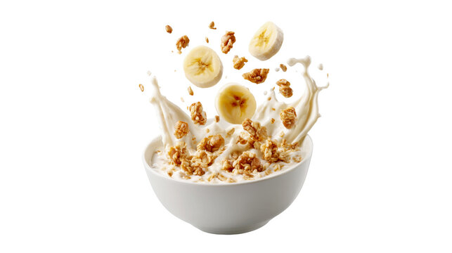 Granola with banana slices and milk splashing in a white bowl isolated on transparent background