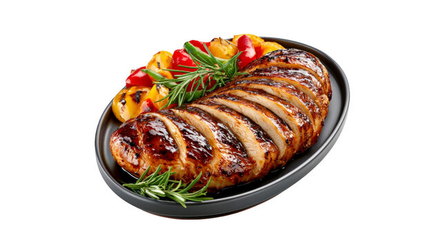Grilled chicken breast with roasted peppers and fresh rosemary served on a black plate on transparent background