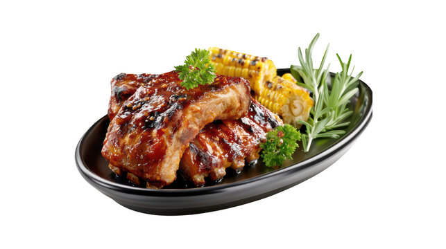 Grilled pork ribs with roasted corn served on a black plate isolated on transparent background