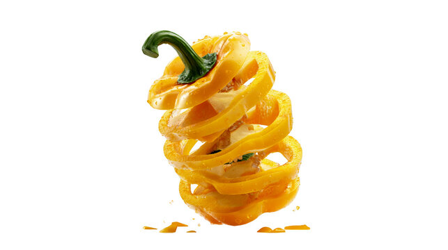 Fresh sliced yellow bell pepper floating in the air with water droplets on transparent background