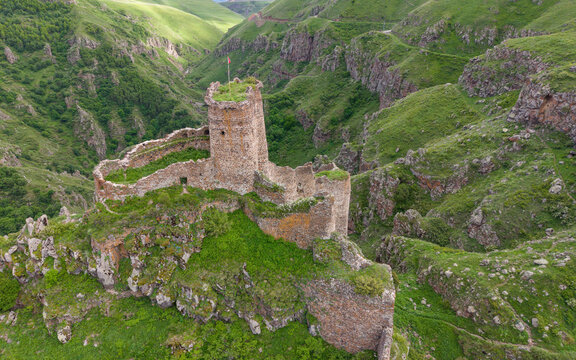 Aerial Drone View of Seytan Castle Ruins in Cildir Ardahan Province Turkey Eastern Anatolia Dramatic Cliff Landscape