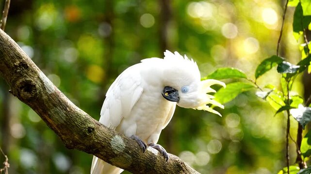 Close-up of a vibrant white cockatoo on a tree branch in a lush green environment.