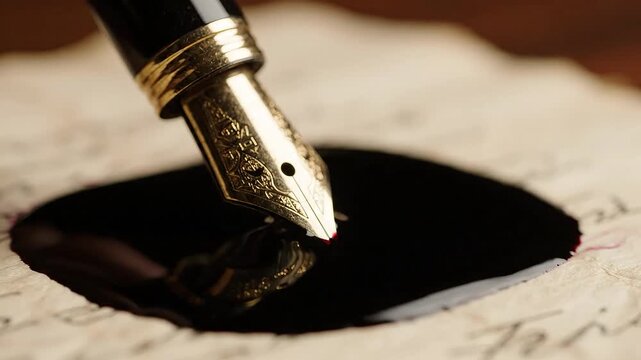 Vintage fountain pen dipping into black ink on old textured paper, writing.