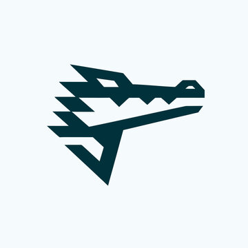 A stylized, geometric, dark teal dragon head logo with sharp angles and a minimalist design.