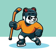 Fun cartoon panda bear mascot character skating and holding a hockey stick wearing an orange jersey and protective helmet © harrisaputra