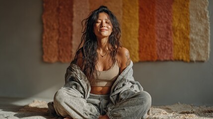Fototapeta premium Woman sitting on a bed with a blanket on her lap