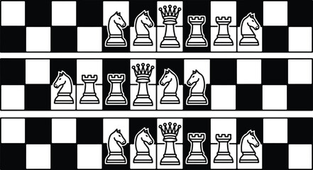 Chess pieces horizontal borders vector illustration set featuring queen rook and knight icons on checkered background pattern for board game design © Mon