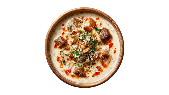 Creamy mushroom soup with roasted beef chunks and fresh herbs served in wooden bowl on transparent background