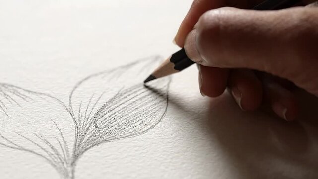 Close-up of a hand using a pencil to sketch a leaf on textured paper.