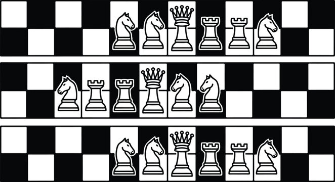Chess pieces horizontal borders vector illustration set featuring queen rook and knight icons on checkered background pattern for board game design
