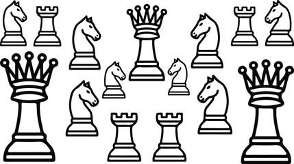 Chess pieces horizontal borders vector illustration set featuring queen rook and knight icons on checkered background pattern for board game design © Mon