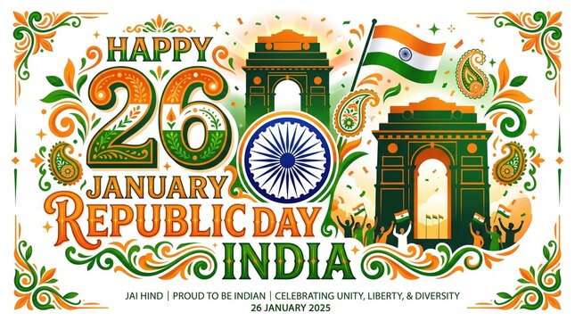 Republic Day India 26 January celebration banner, Indian national holiday poster with tricolor flag and Ashoka Chakra, patriotic cultural illustration