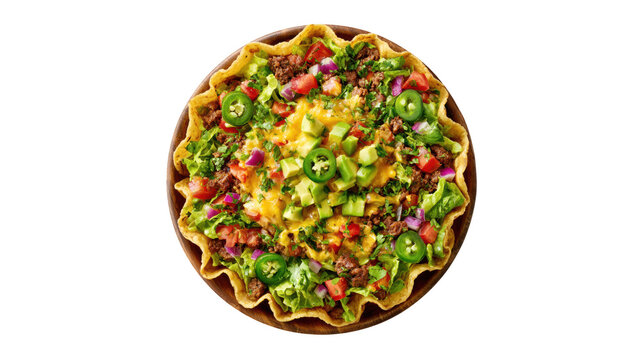 Taco salad bowl with beef, cheese, vegetables and crispy tortilla shell served on transparent background