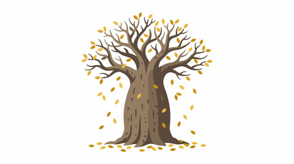 A tree stands tall with scattered leaves on the ground in a natural setting depicted. © Waskim