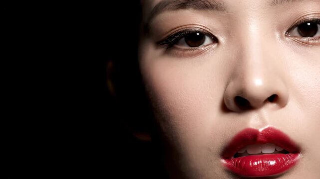 Extreme close-up of a young Asian woman's face with dramatic makeup and glossy red lips against a black background