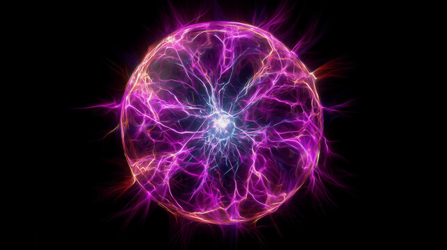 Plasma ball glowing with vibrant purple electric lightning energy sparks isolated as a design on transparent background