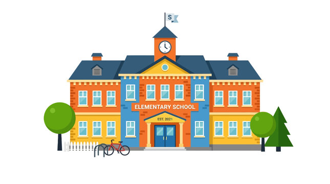 Colorful Elementary School Building, Educational Architecture, Vector Illustration, School Icon