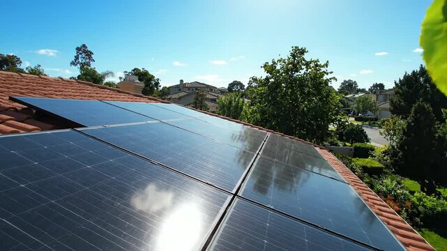 Solar panels on a terracotta roof under a bright blue sky, surrounded by green nature.