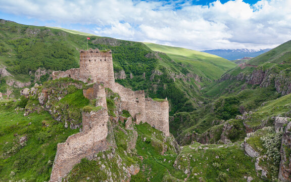 Aerial Drone View of Seytan Castle Ruins in Cildir Ardahan Province Turkey Eastern Anatolia Dramatic Cliff Landscape