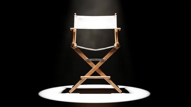 An empty wooden director's chair illuminated by a dramatic overhead spotlight on a dark stage