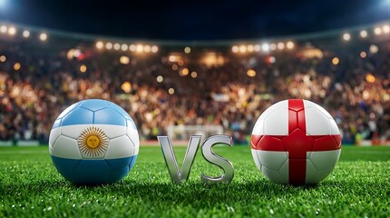 Obraz premium Argentina versus england national football teams soccer balls on lush green pitch with stadium lights illuminating vibrant stadium crowds during dramatic match.