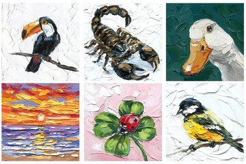 Obraz premium Set textured oil paintings featuring a toucan, scorpion, white goose, ocean sunset, ladybug on clover, and great tit bird